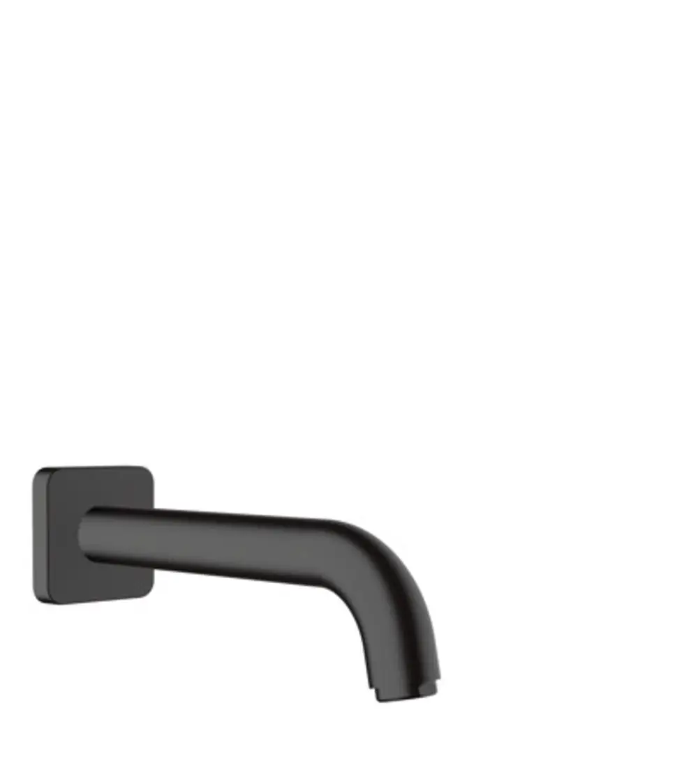 Schwarzer Wanneneinlauf von Hansgrohe mit gerader Form und quadratischer Wandhalterung. Das Design ist schlicht und modern.